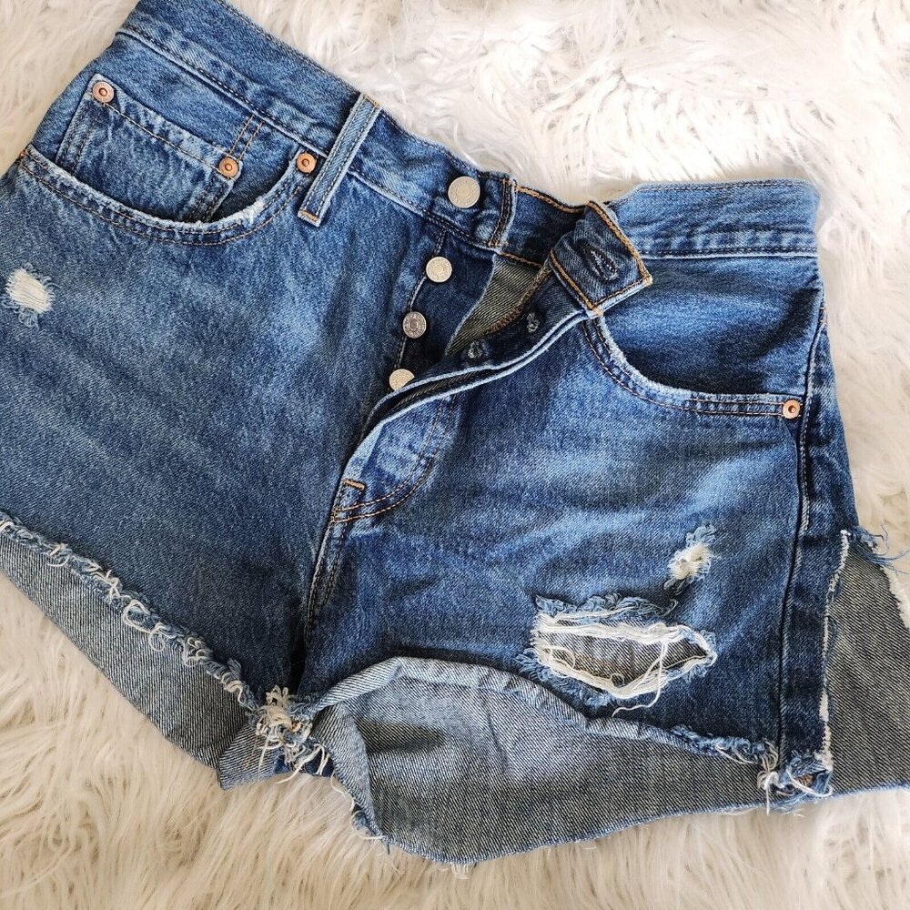 Levis Denim Shorts Cut-Off 501 Super High Side Slits Womens 28 Distressed‎ Raw